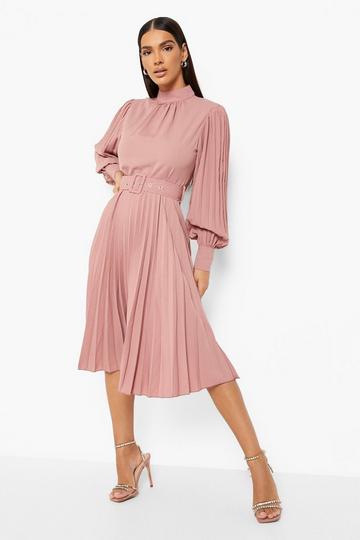 Belted High Neck Pleated Skater Dress rose