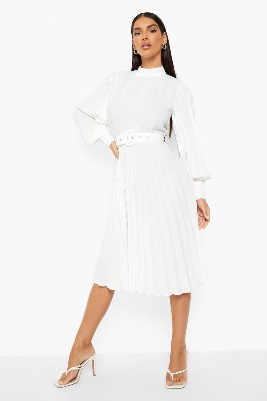 White weiß Belted High Neck Pleated Skater Dress