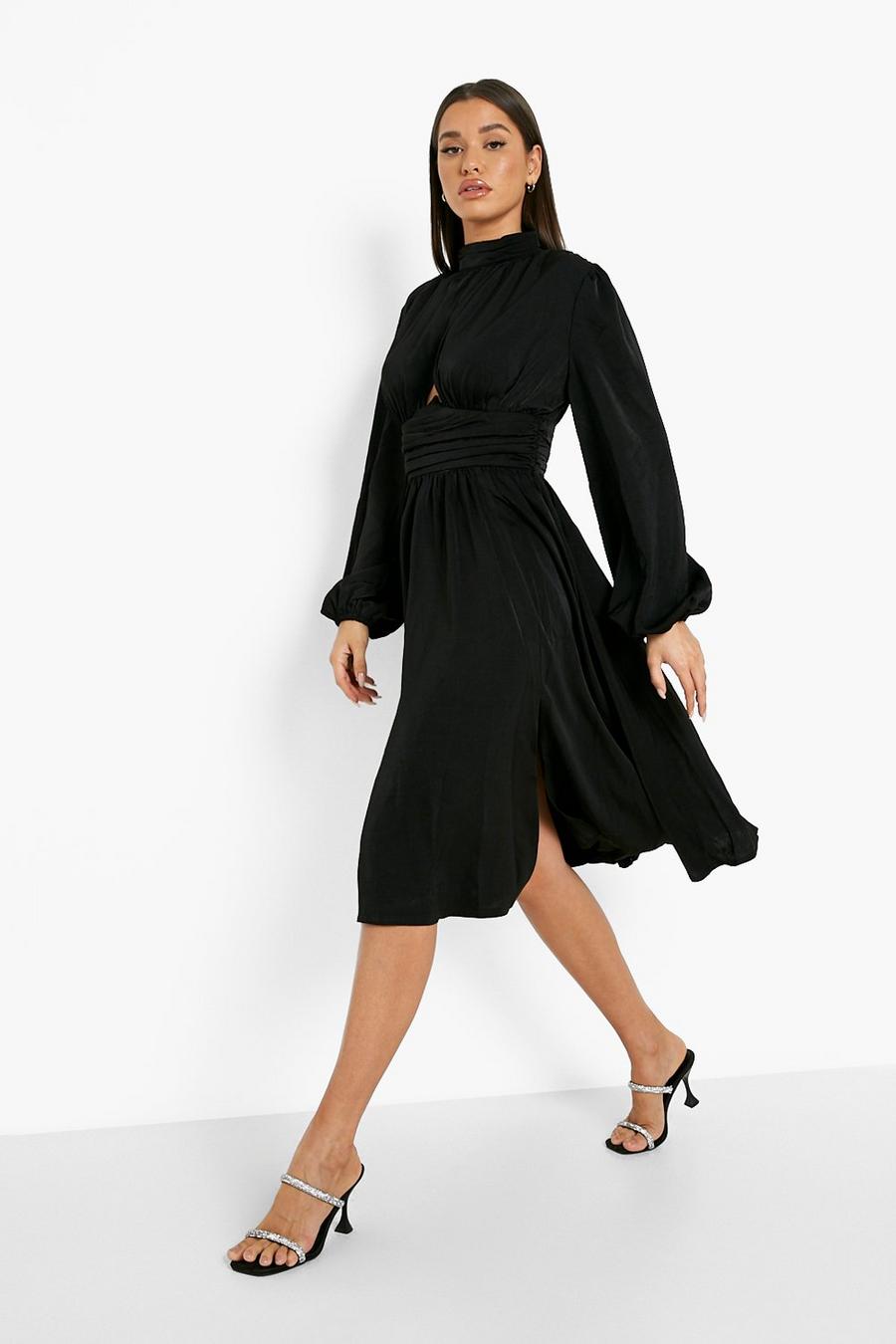 Black High Neck Cut Out Pleated Midi Dress image number 1