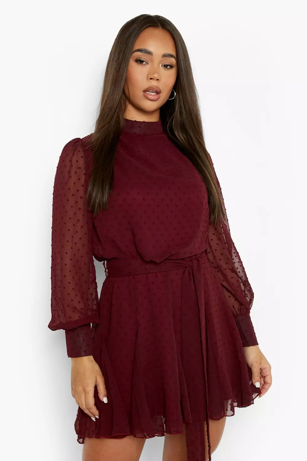 Burgundy Long Sleeve Lace Mini Dress