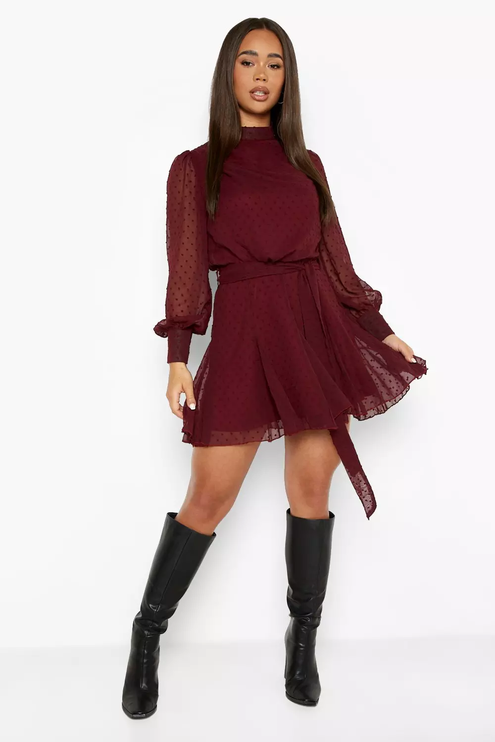 Burgundy Long Sleeve Lace Mini Dress