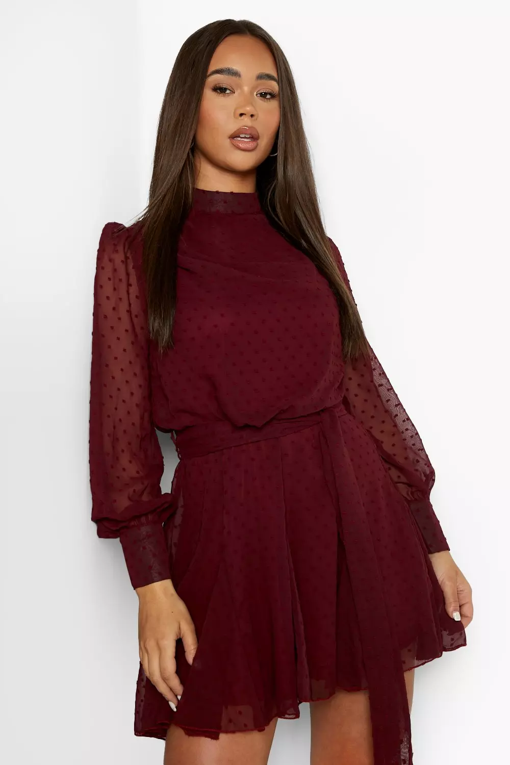 Boohoo lace high neck skater dress best sale