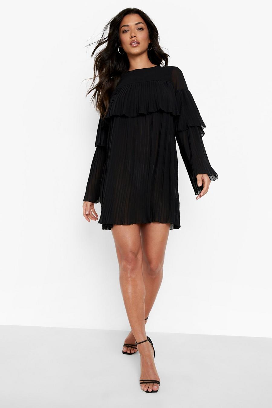 Black Flared Sleeve Ruffle Pleated Mini Dress image number 1