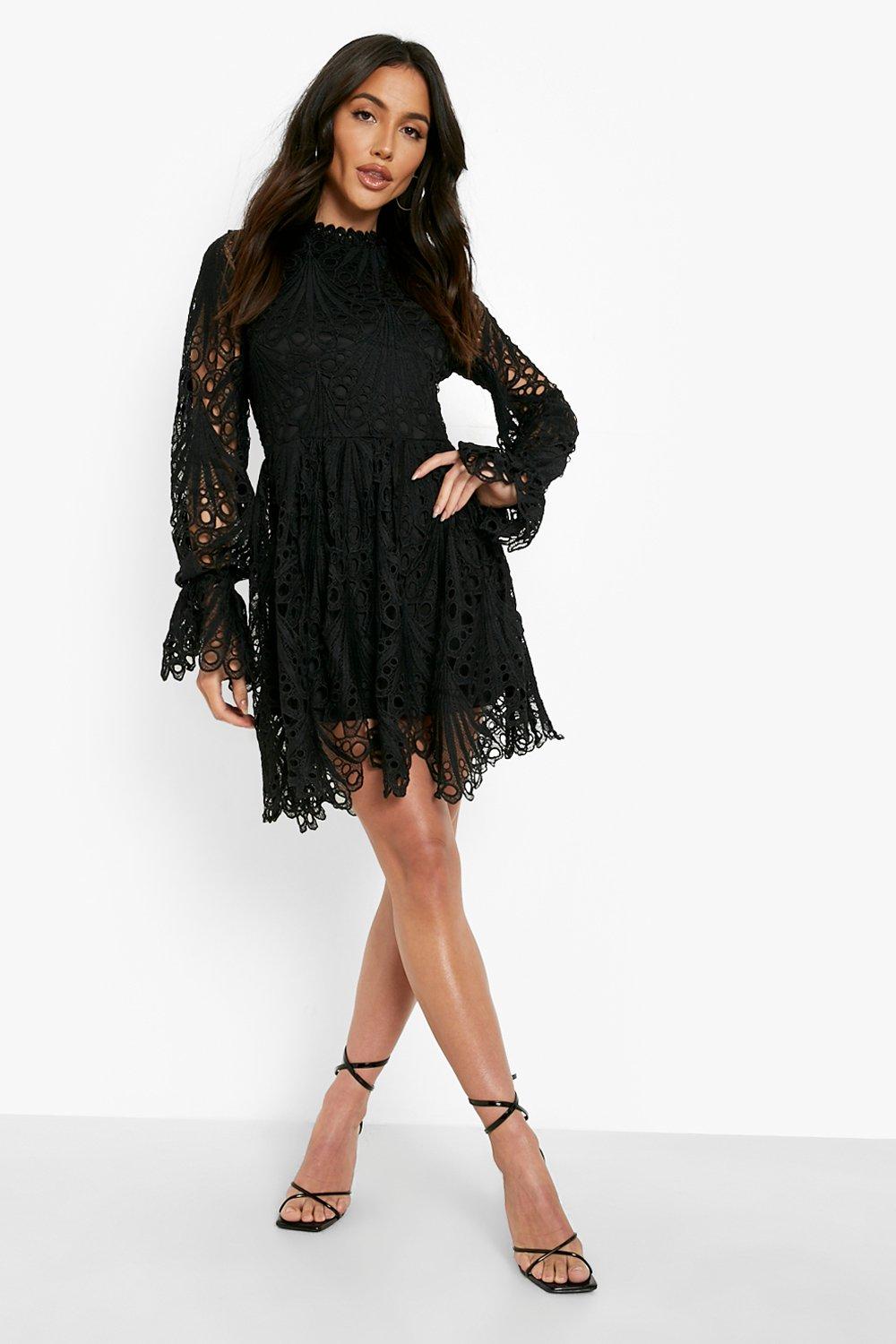 High Neck Flared Sleeve Lace Skater Dress boohoo NO