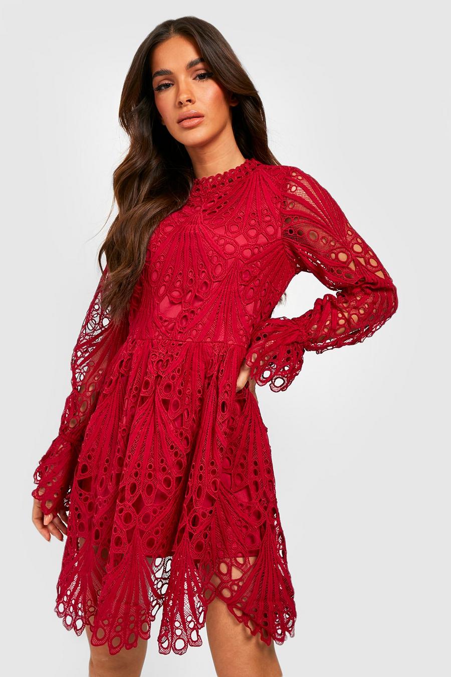 Red High Neck Flared Sleeve Lace Skater Dress