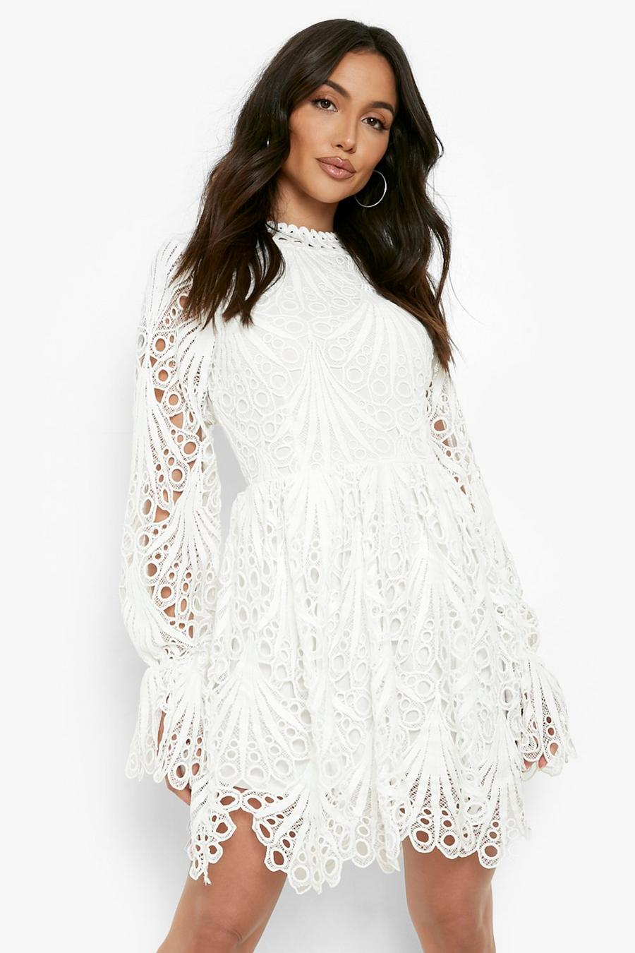 White High Neck Flared Sleeve Lace Skater Dress image number 1