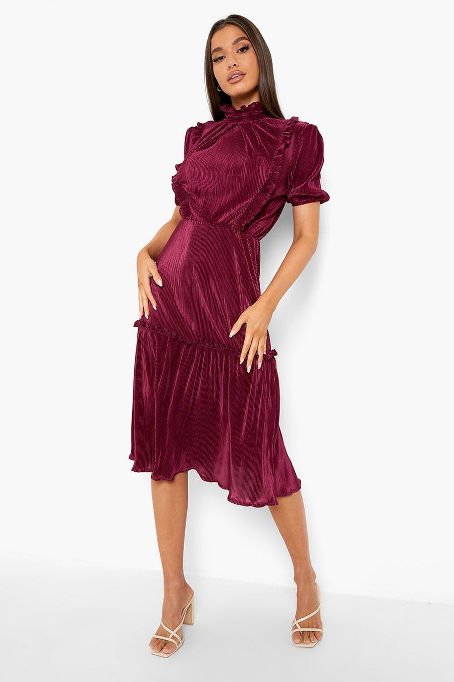 Berry High Neck Puff Sleeve Pleated Midi Dress image number 1