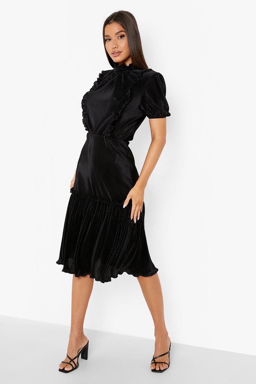 Black High Neck Puff Sleeve Pleated Midi Dress image number 1