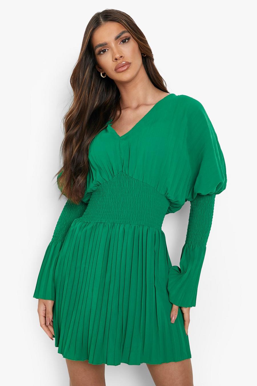 Green Pleated Flared Sleeve Skater Dress