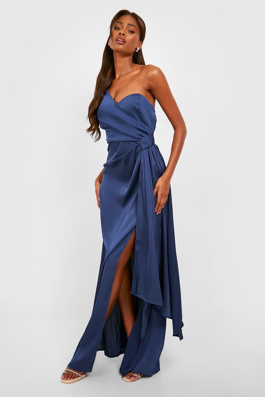 Slate Blue Satin Dress - Pleated Maxi Dress - One-Shoulder Dress