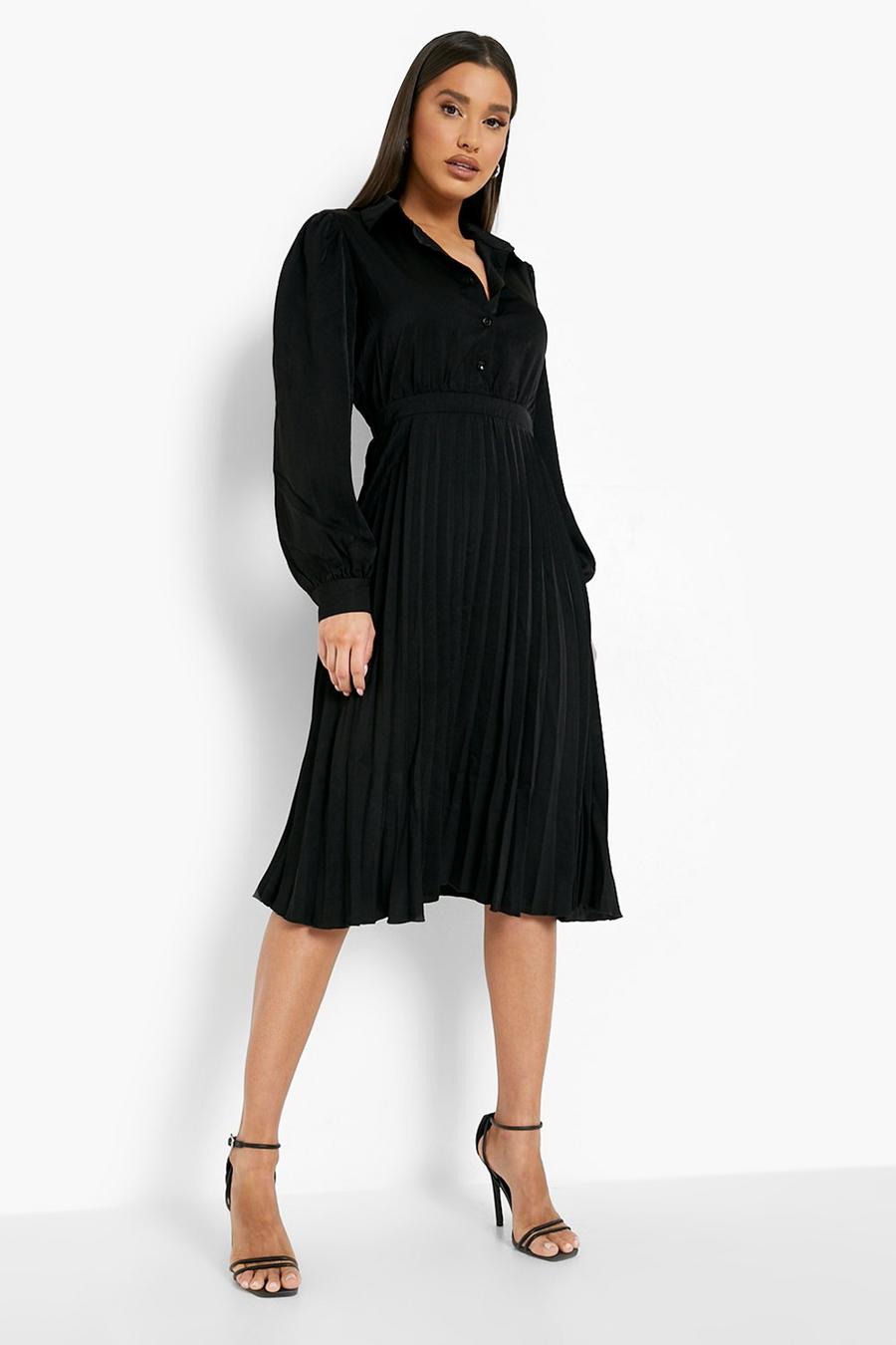 Black Satin Button Through Pleated Skirt Midi Dress image number 1