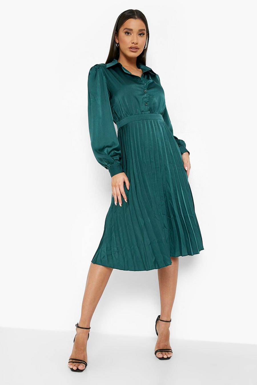 Teal Midiklänning i satin med knappar och plisserad kjol image number 1