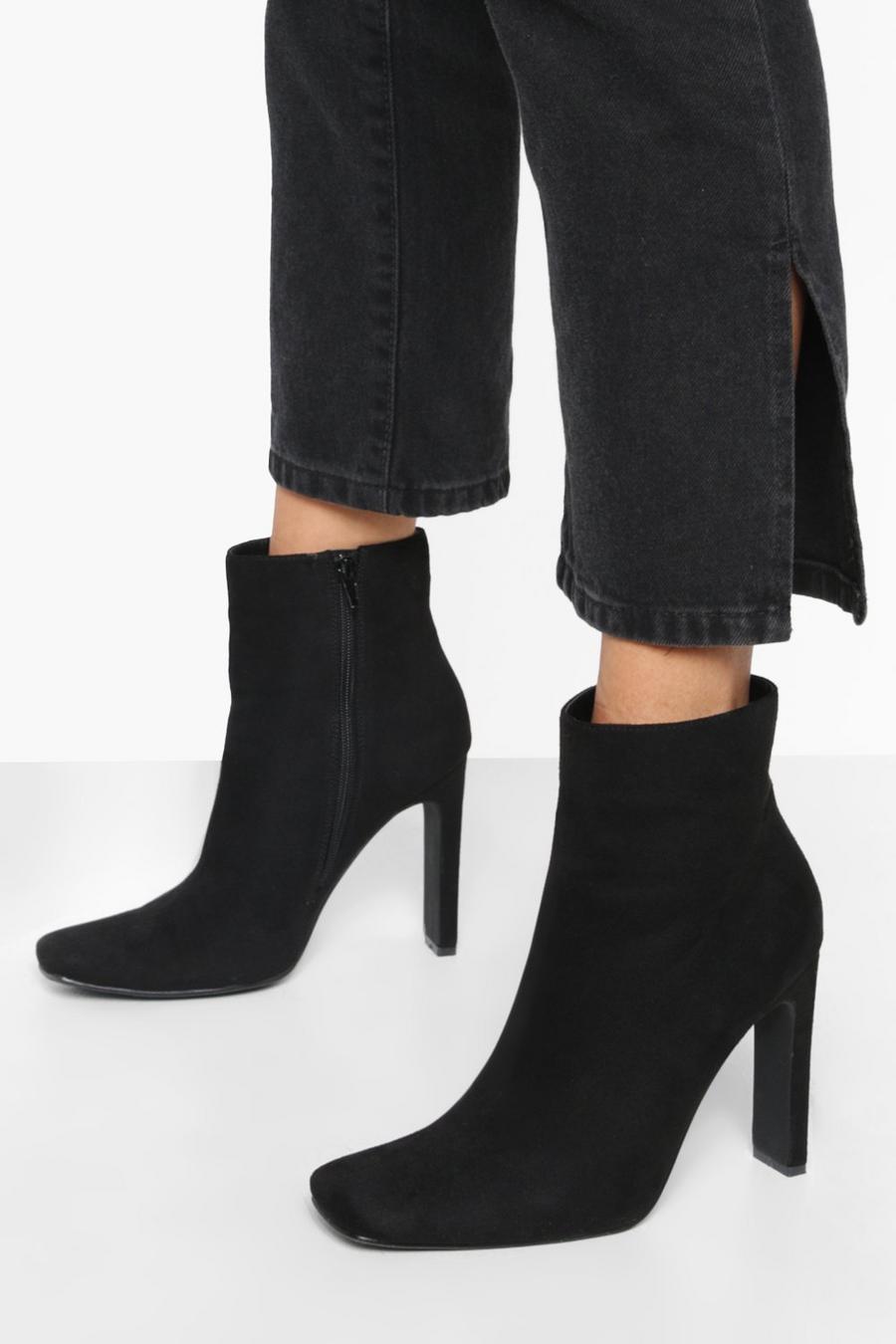 Black svart Skinny Block Heel Square Toe Boots