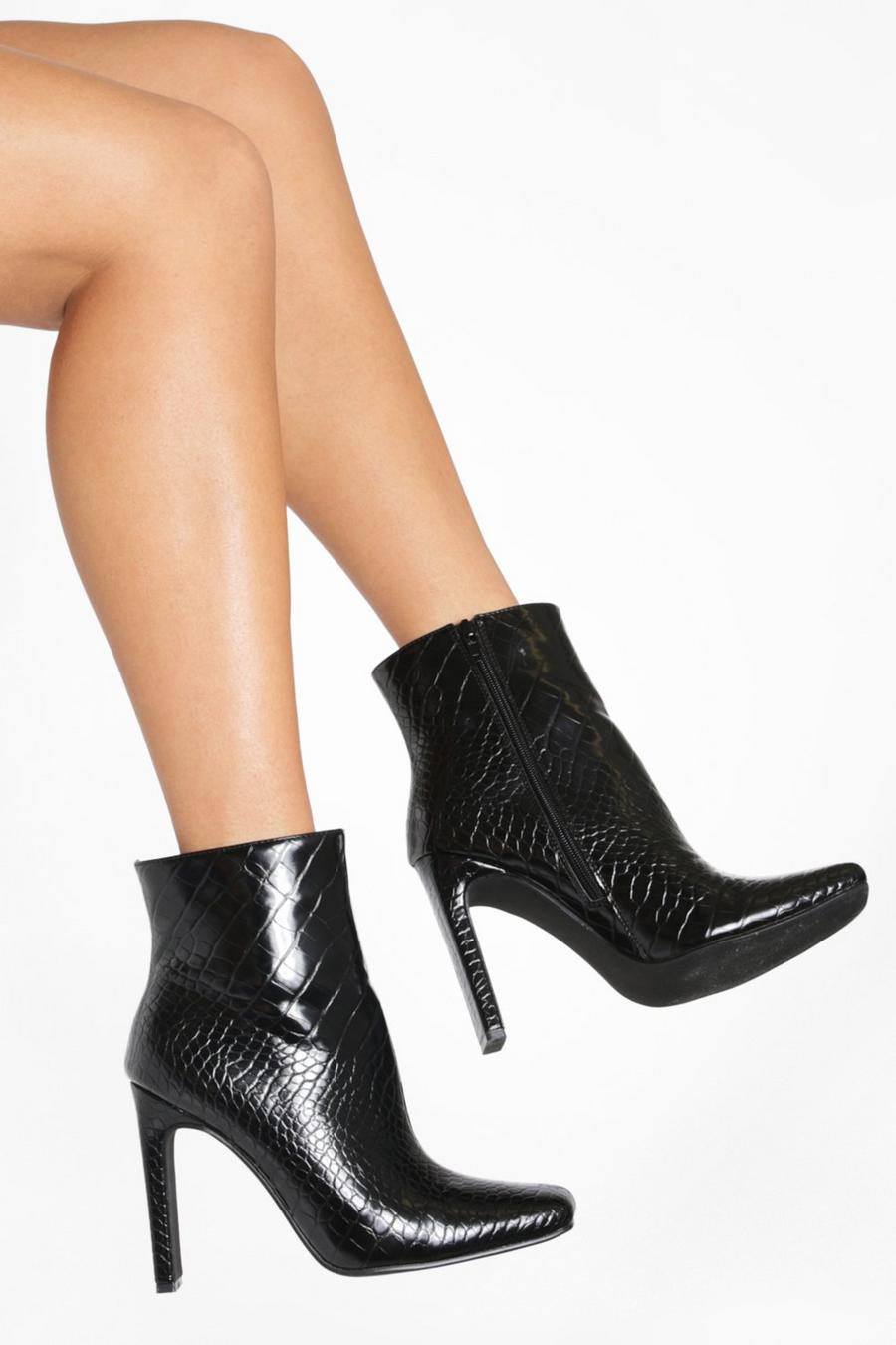 Black noir Wide Fit Skinny Block Heel Square Toe Boots