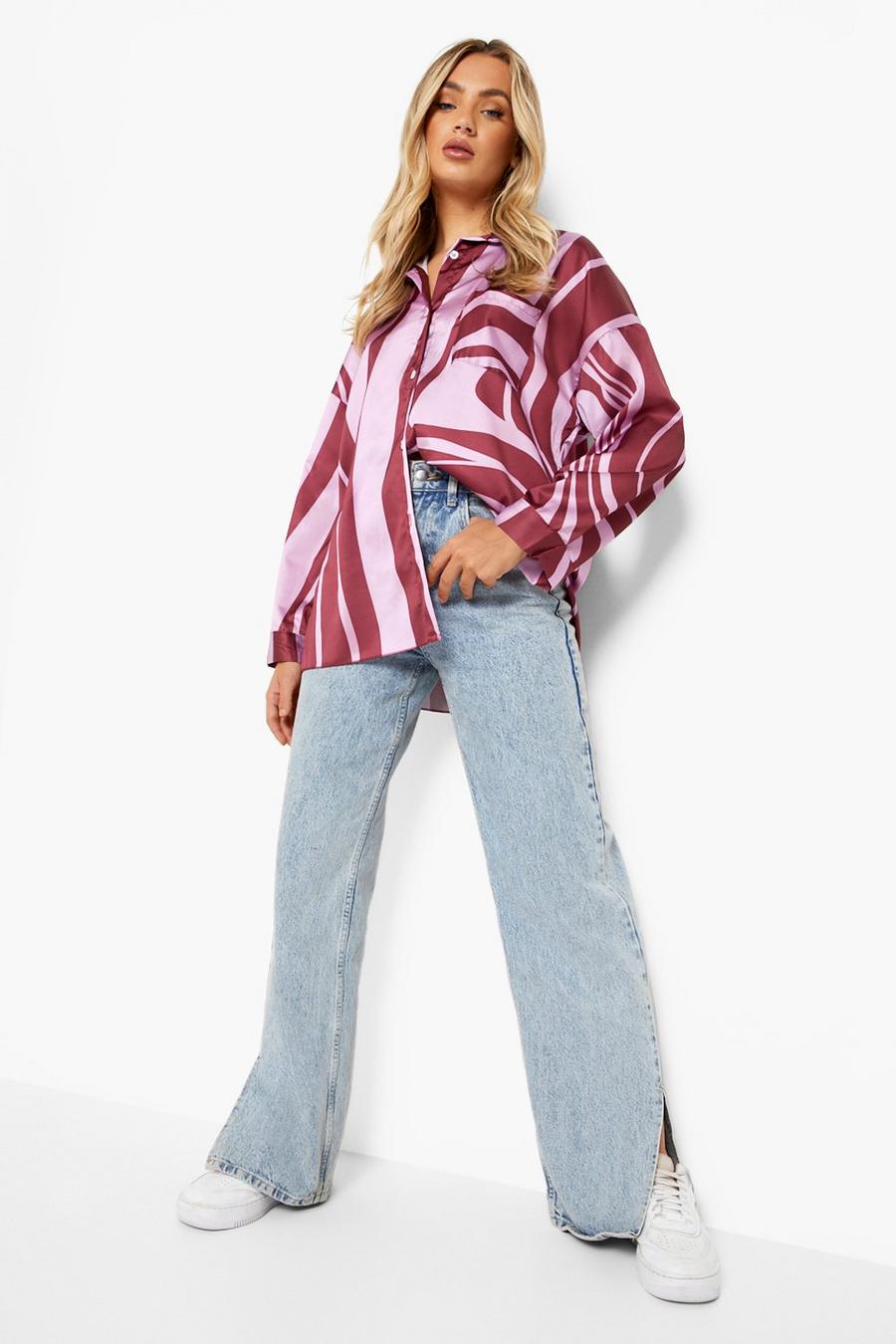 Burgundy Abstract Satin Oversized Shirt image number 1