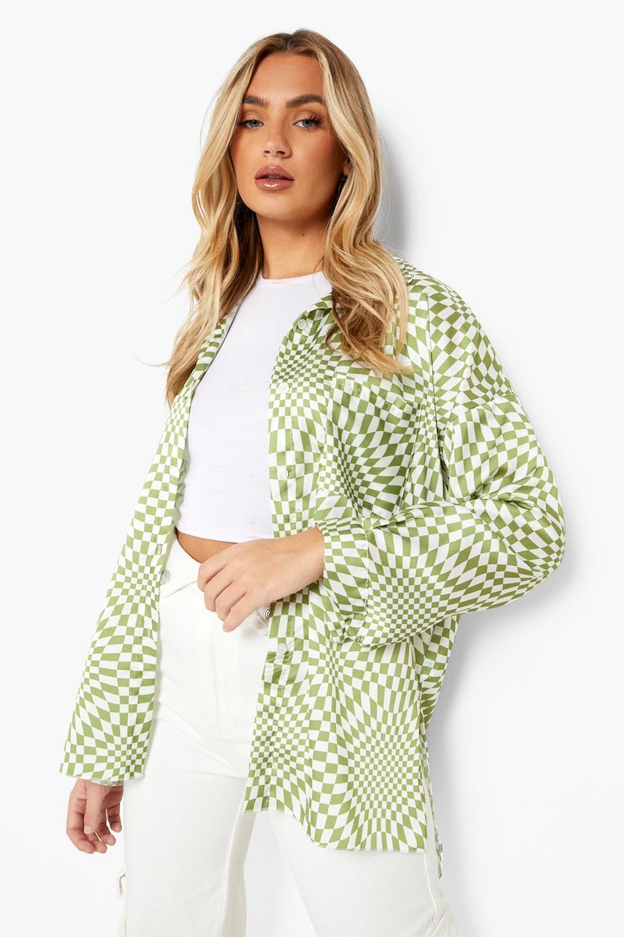 Green Checkered Satin Oversized Shirt image number 1