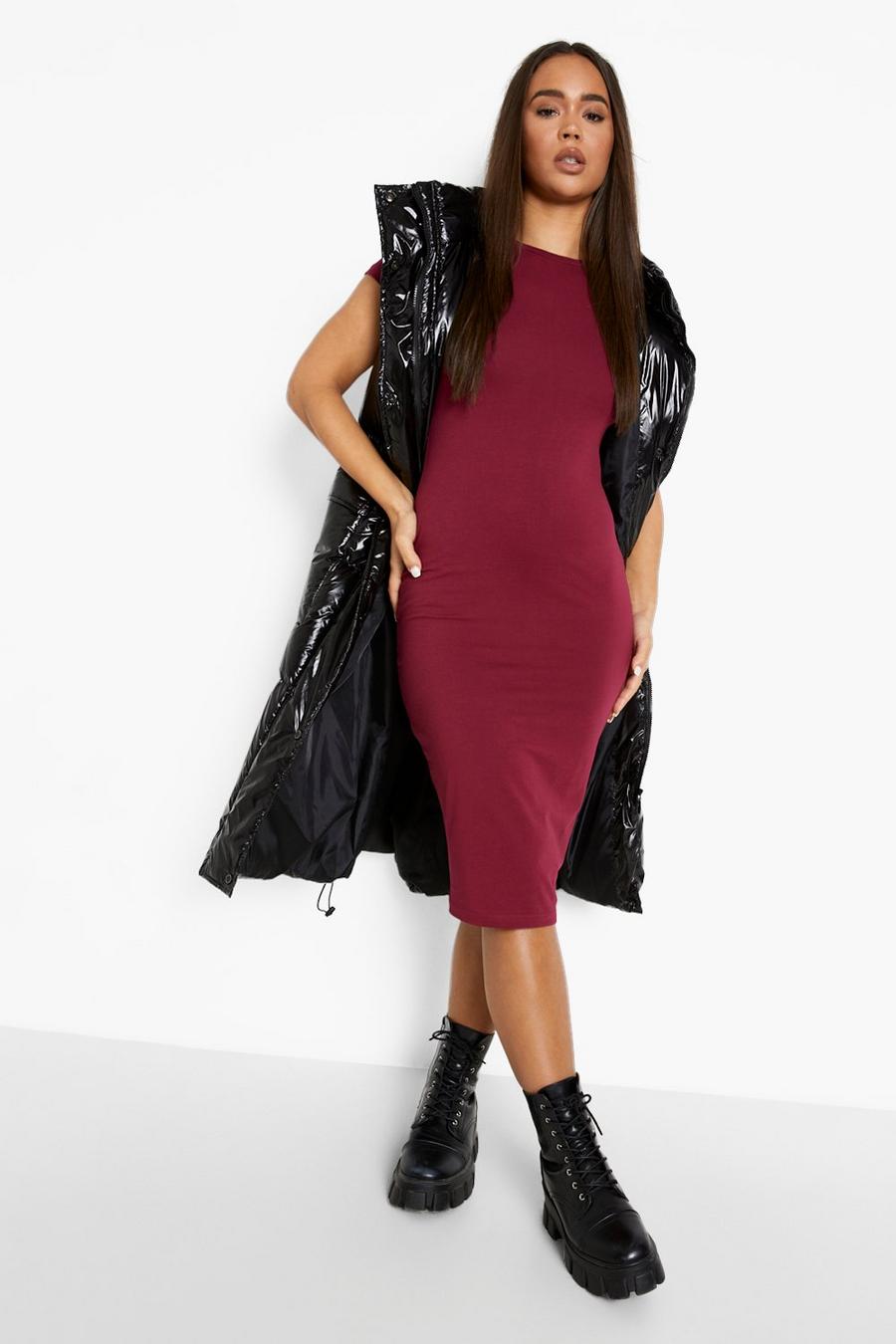 Berry red Basics Cap Sleeve Jersey Bodycon Midi Dress image number 1