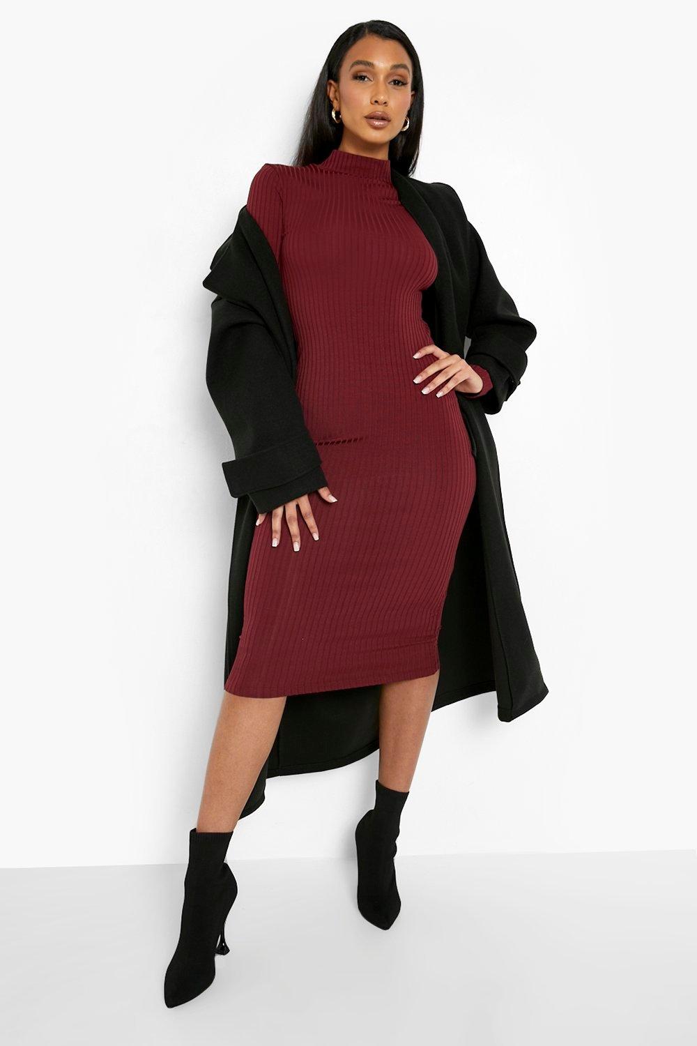 Women's Basic Premium Rib High Neck Long Sleeve Midi Dress