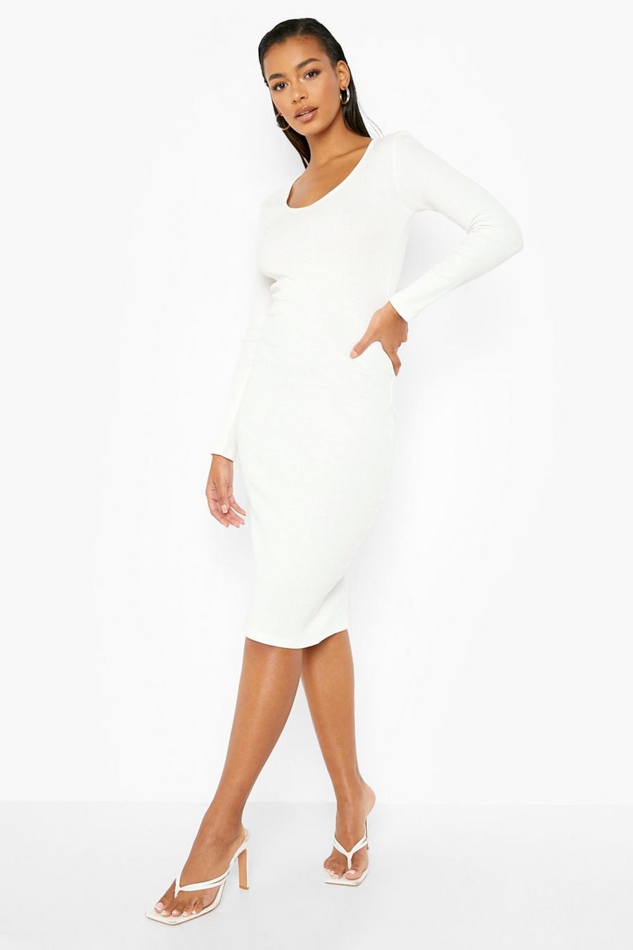 Ecru white Premium Ribbed Plunge Neck Midi Dress image number 1