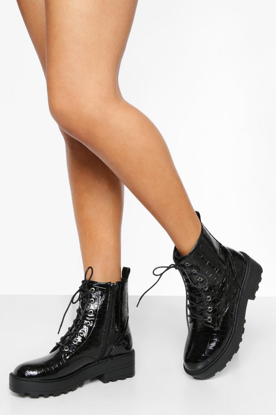 Black svart Patent Croc Chunky Lace Up Hiker Boots