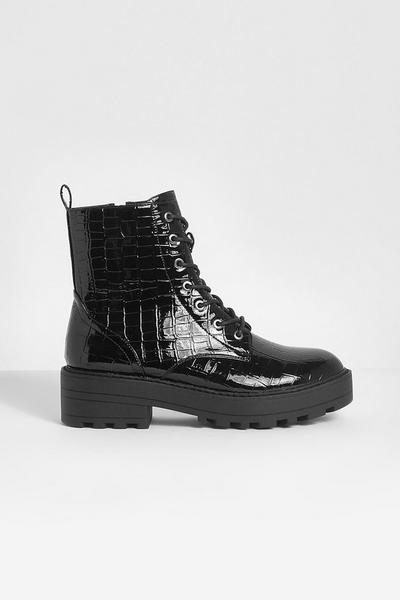 boohoo black Patent Croc Chunky Lace Up Hiker Boots