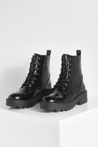 boohoo black Patent Croc Chunky Lace Up Hiker Boots