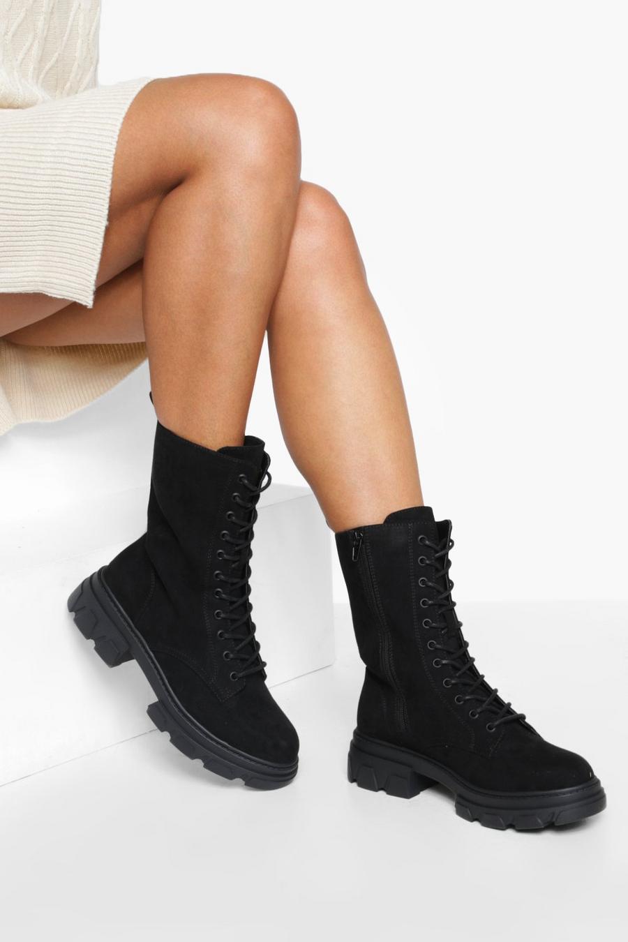 Black Chunky Cleated Sole Hiker Boots