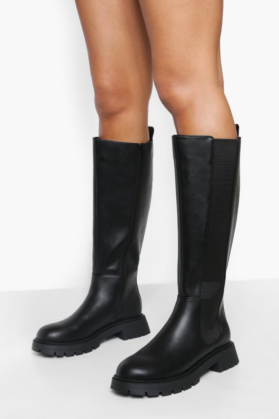 Black schwarz Knee High Chelsea Boots