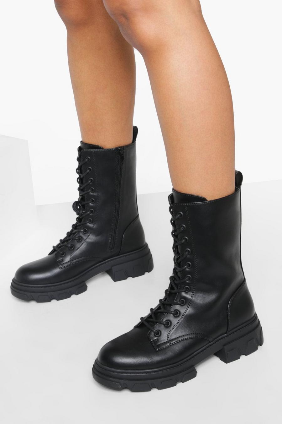 Black Chunky Lug Sole Combat Boots image number 1