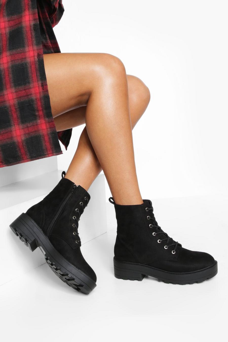 Black schwarz Chunky Lace Up Hiker Boots