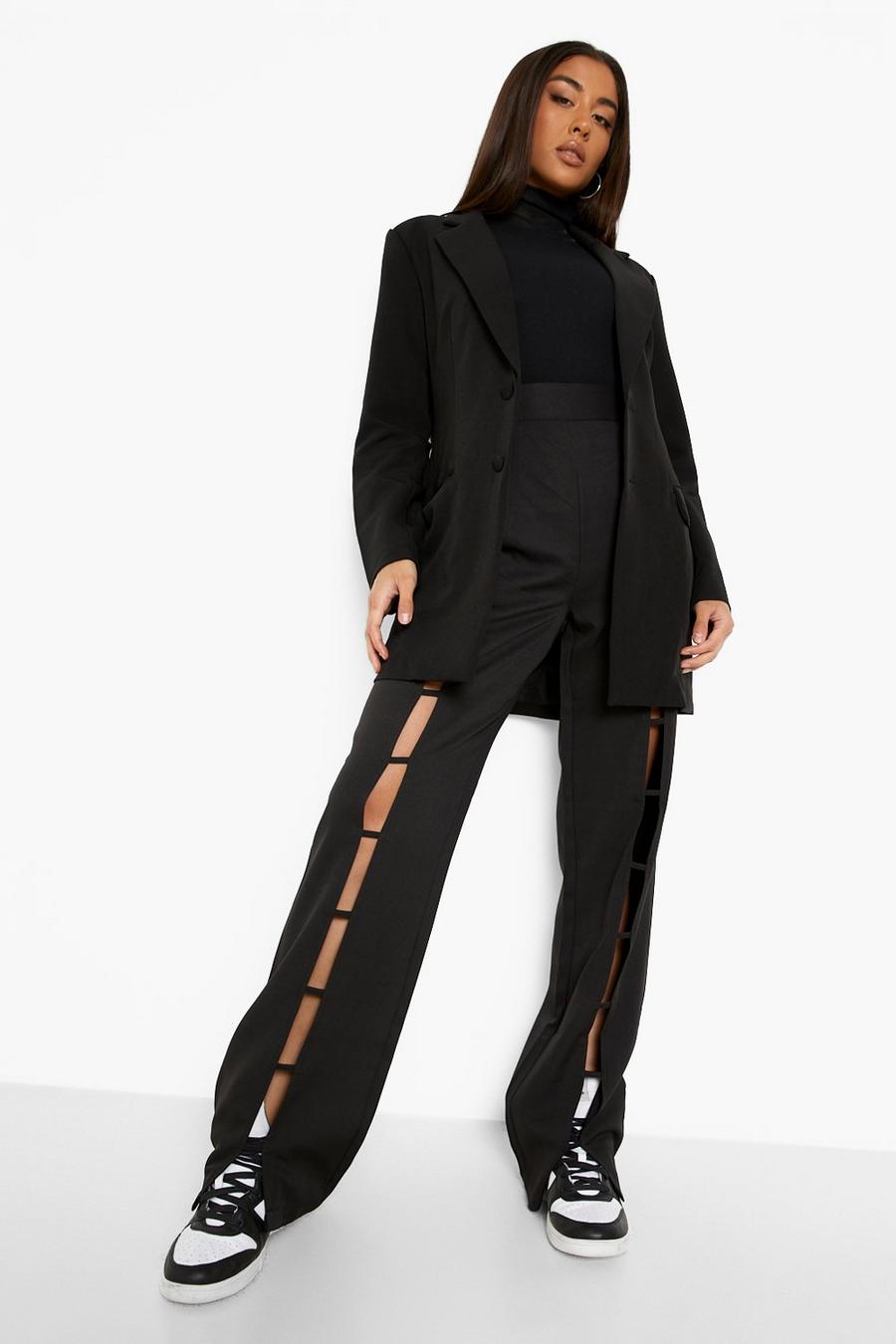 Black Cut Out Split Front Woven Trousers image number 1