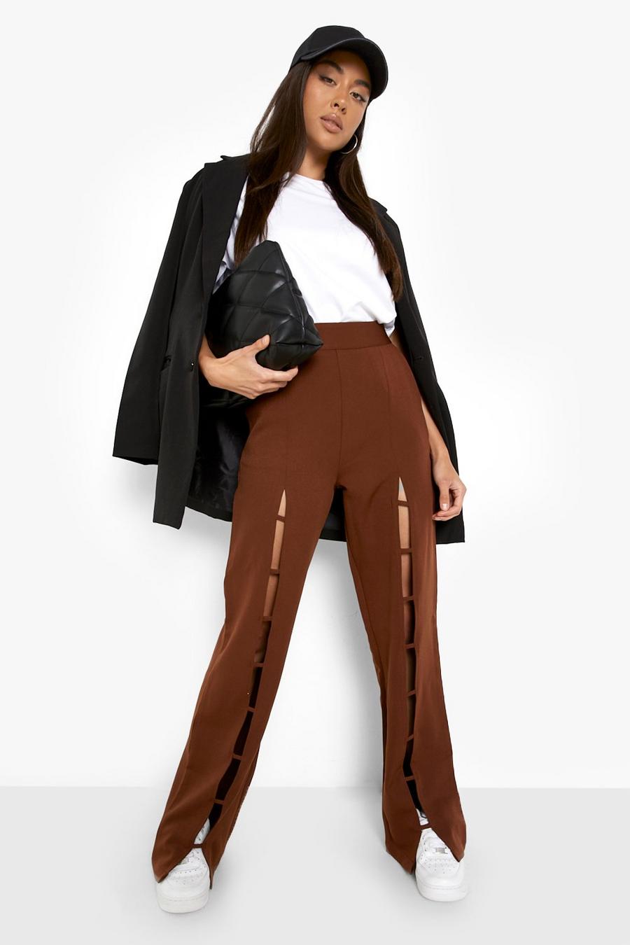 Pantaloni cin tessuto con spacco e cut-out, Chocolate marrón