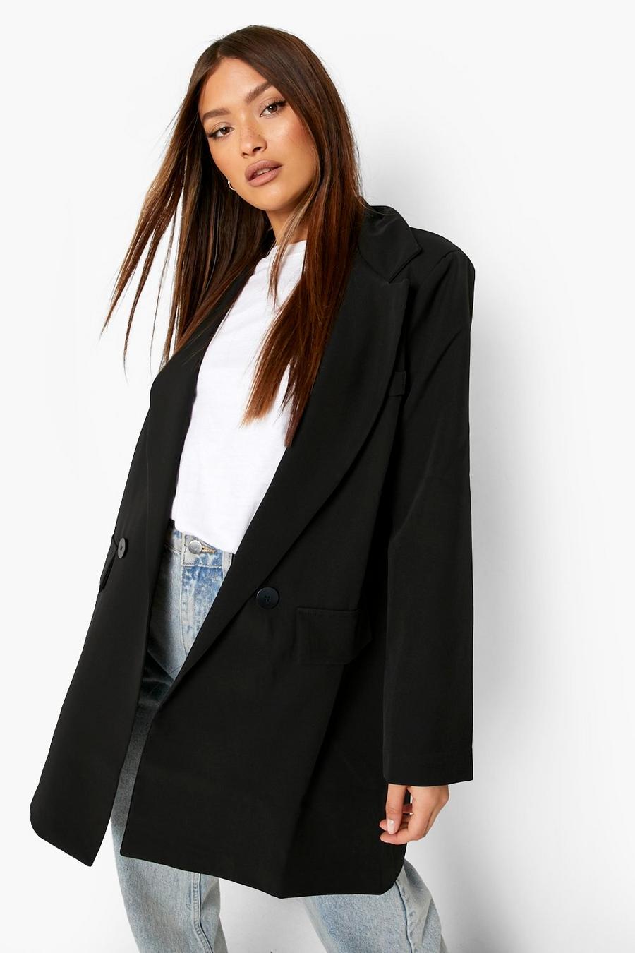 Black Double Breasted Relaxed Fit Longline Blazer image number 1
