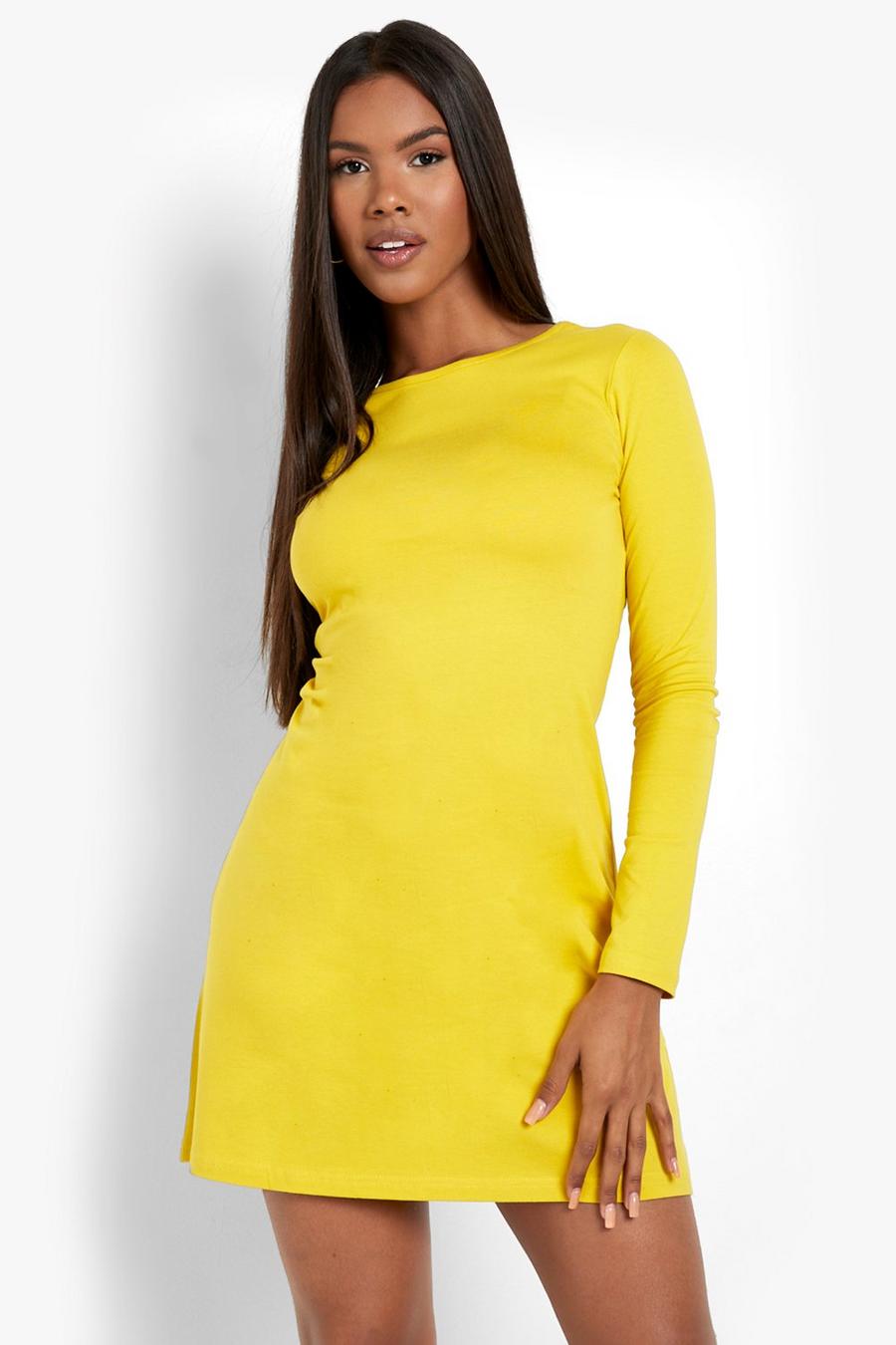 Mustard gul Långärmad klänning med rund hals image number 1