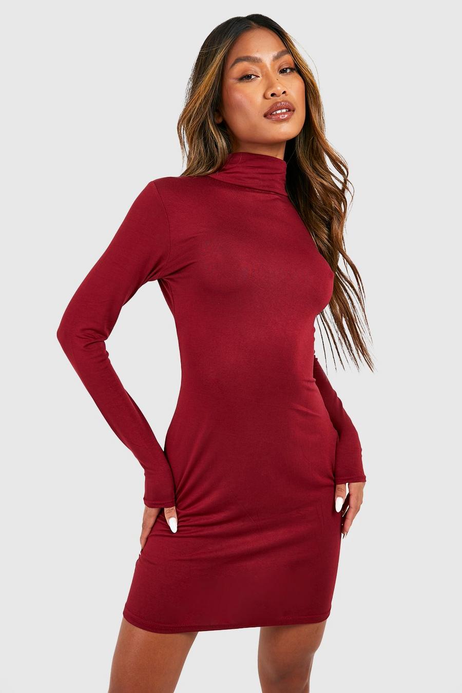 Berry red Basics Roll Neck Long Sleeve Mini Dress image number 1