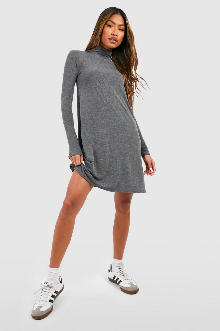 Charcoal Basics Turtleneck Long Sleeve Mini Dress image number 1