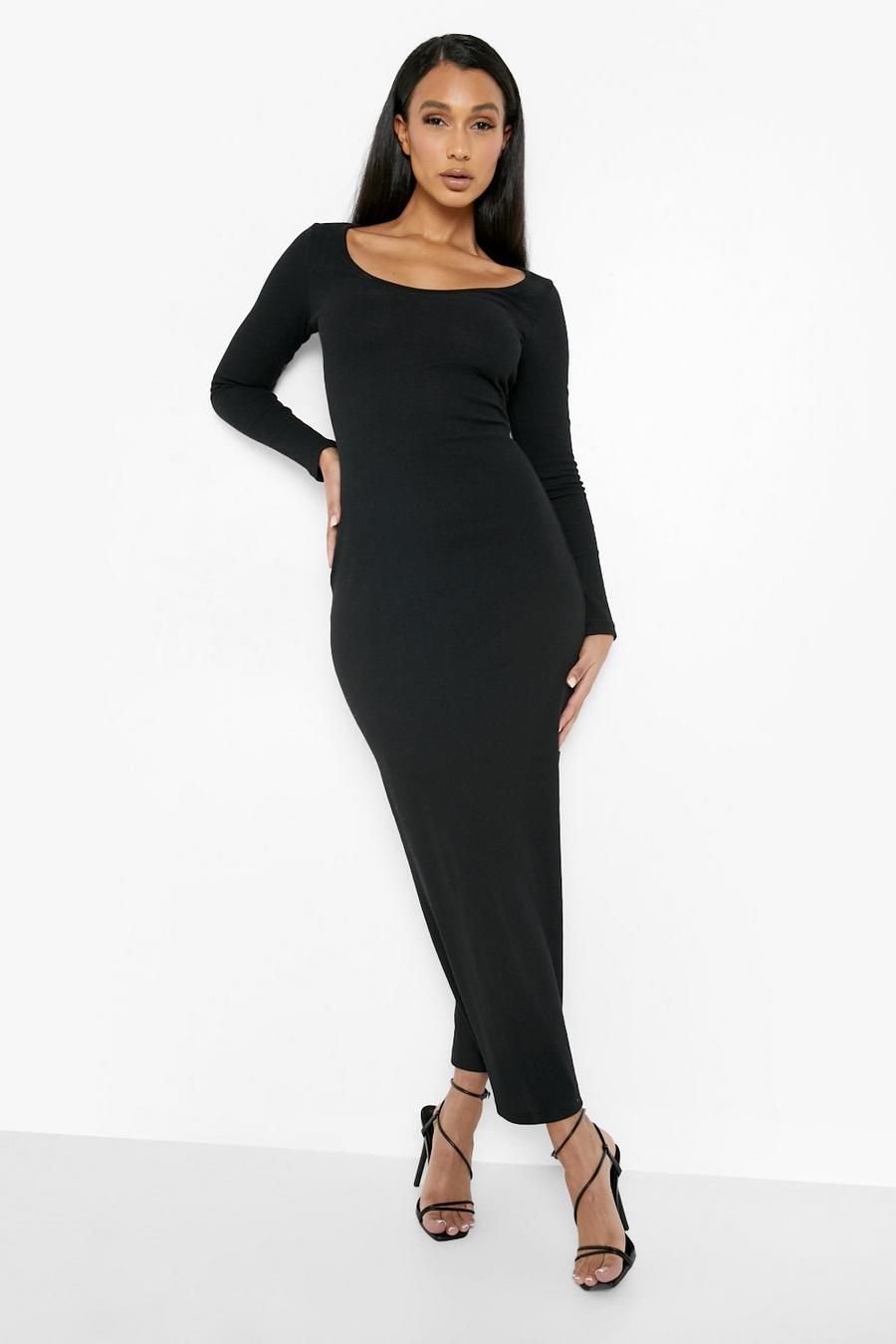 Black Basic Scoop Neck Premium Ribbed Maxi Dress image number 1