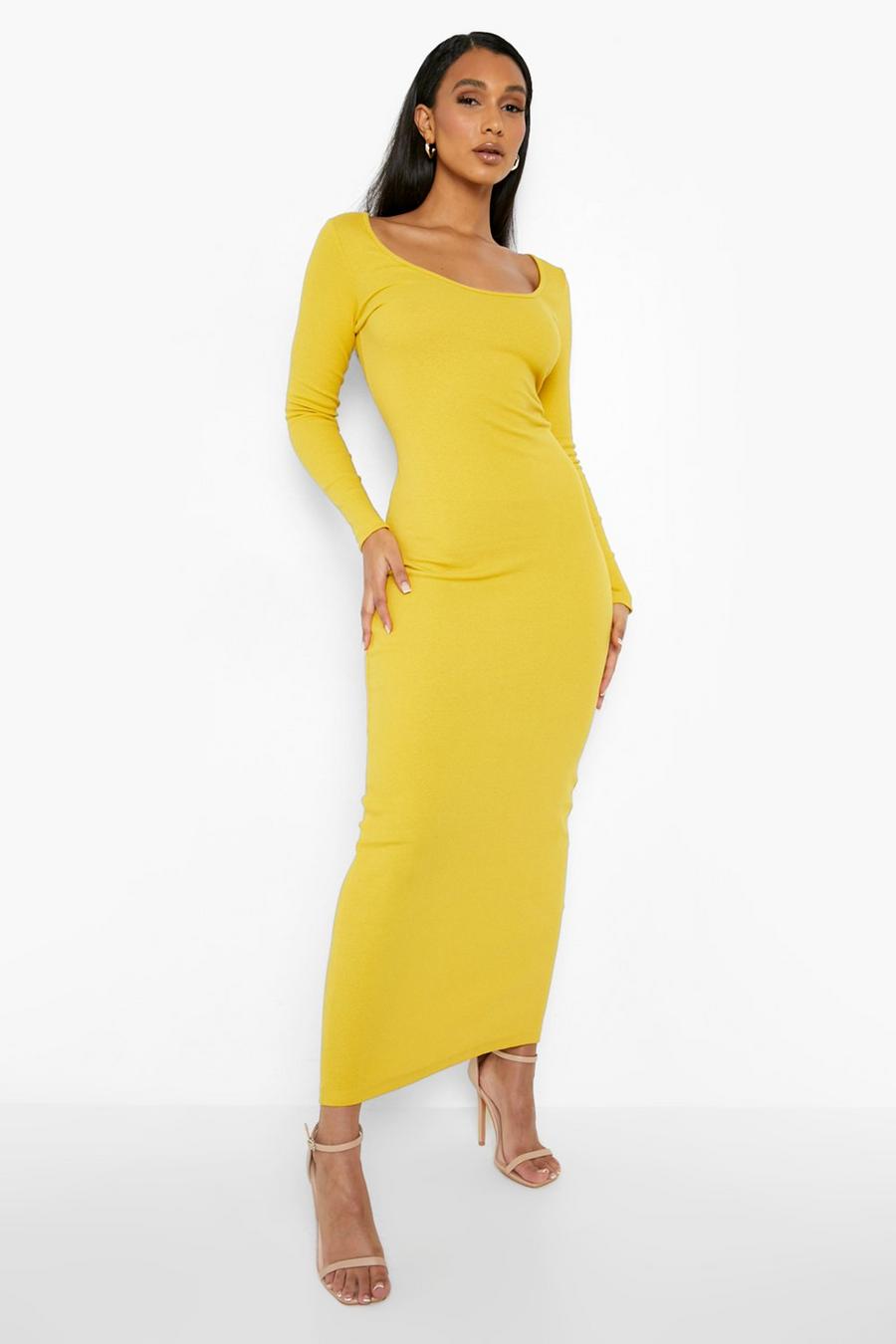 Mustard yellow Scoop Neck Premium Ribbed Maxi Dress