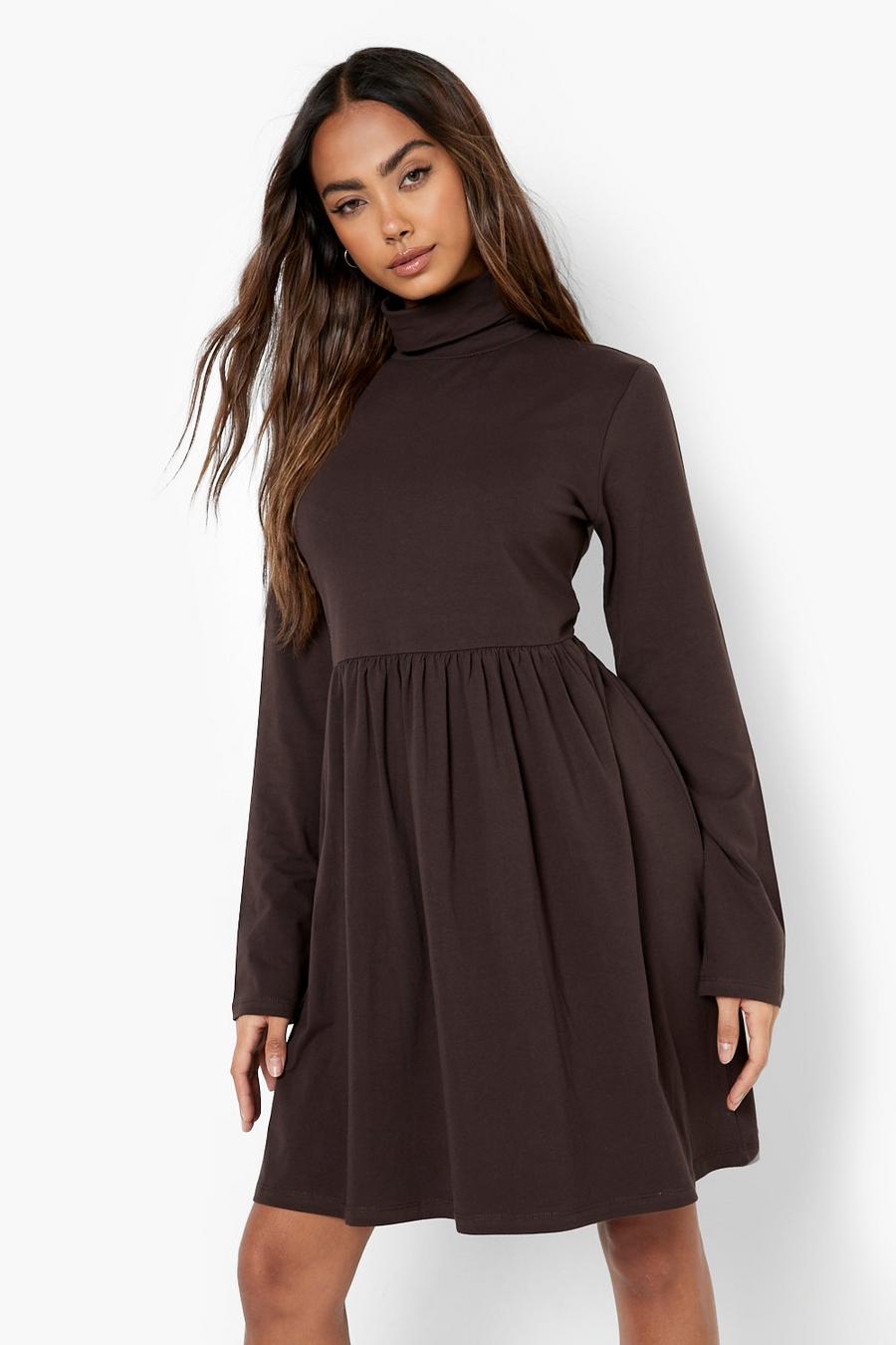 Chocolate Basic Turtleneck Long Sleeve Skater Dress image number 1