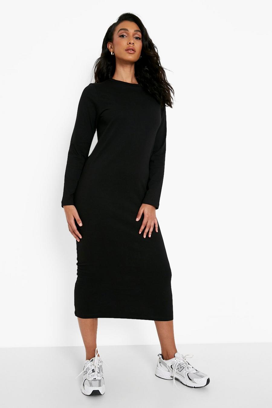 Black Basics Long Sleeve Midi T Shirt Dress image number 1