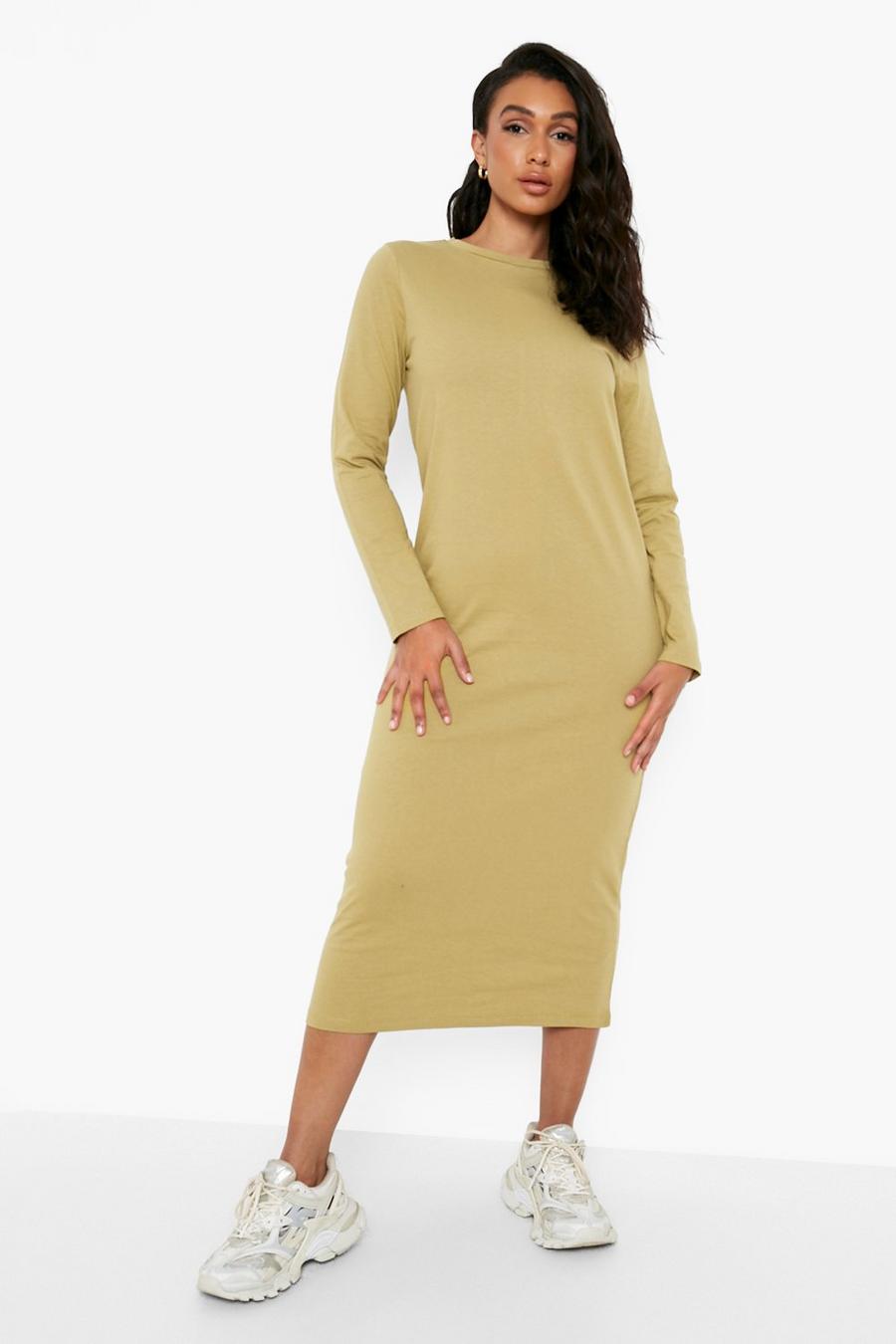 Khaki Long Sleeve Midi T Shirt Dress image number 1