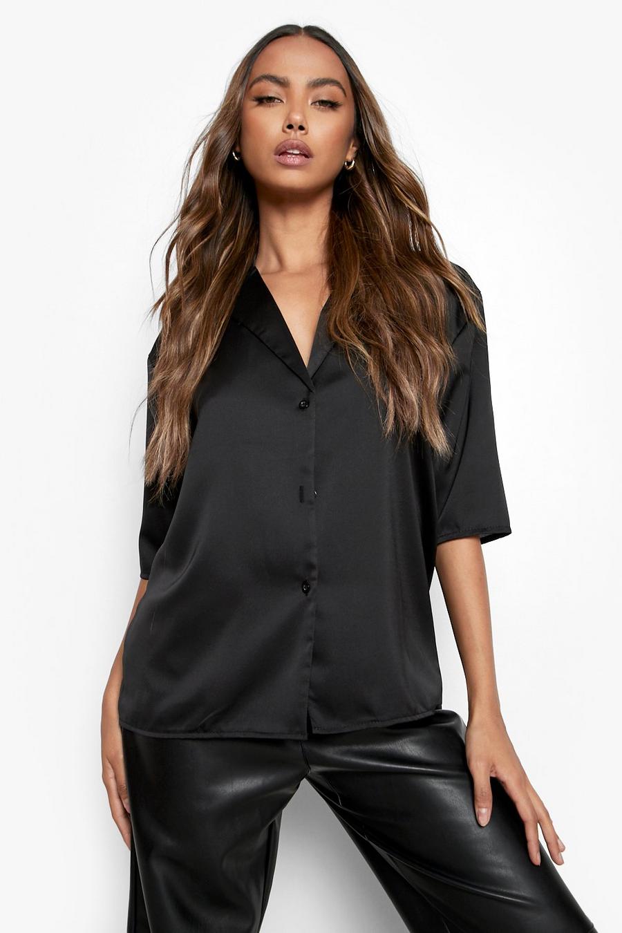 Black Satin Half Sleeve Relaxed Fit Shirt image number 1