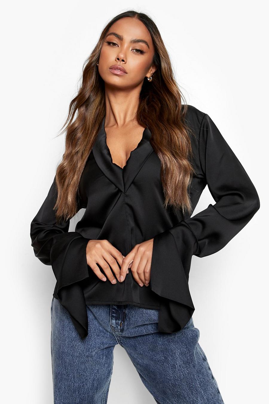 Black Satin Deep Cuff Wrap Front Blouse image number 1