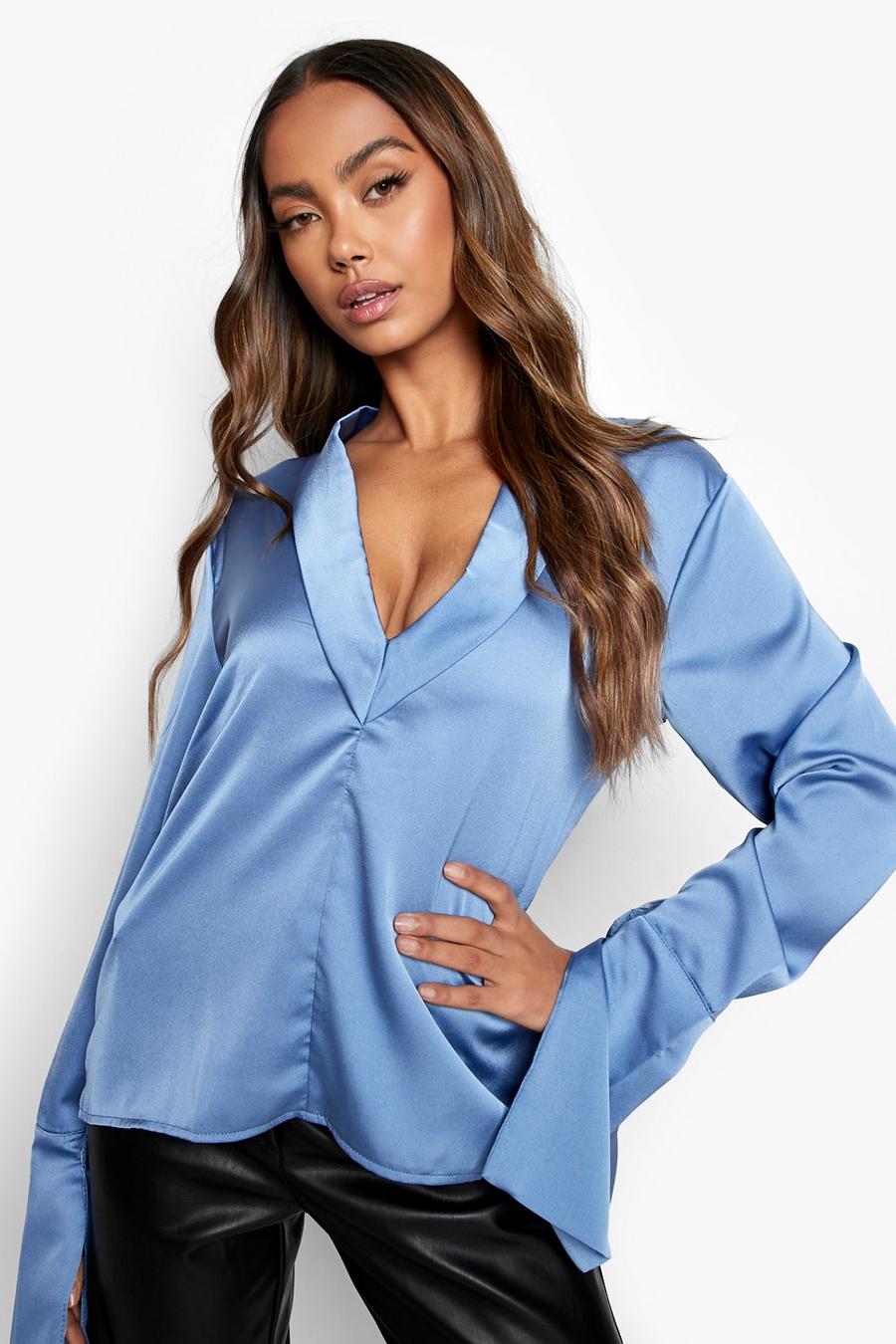 Dusty blue Satin Deep Cuff Wrap Front Blouse image number 1