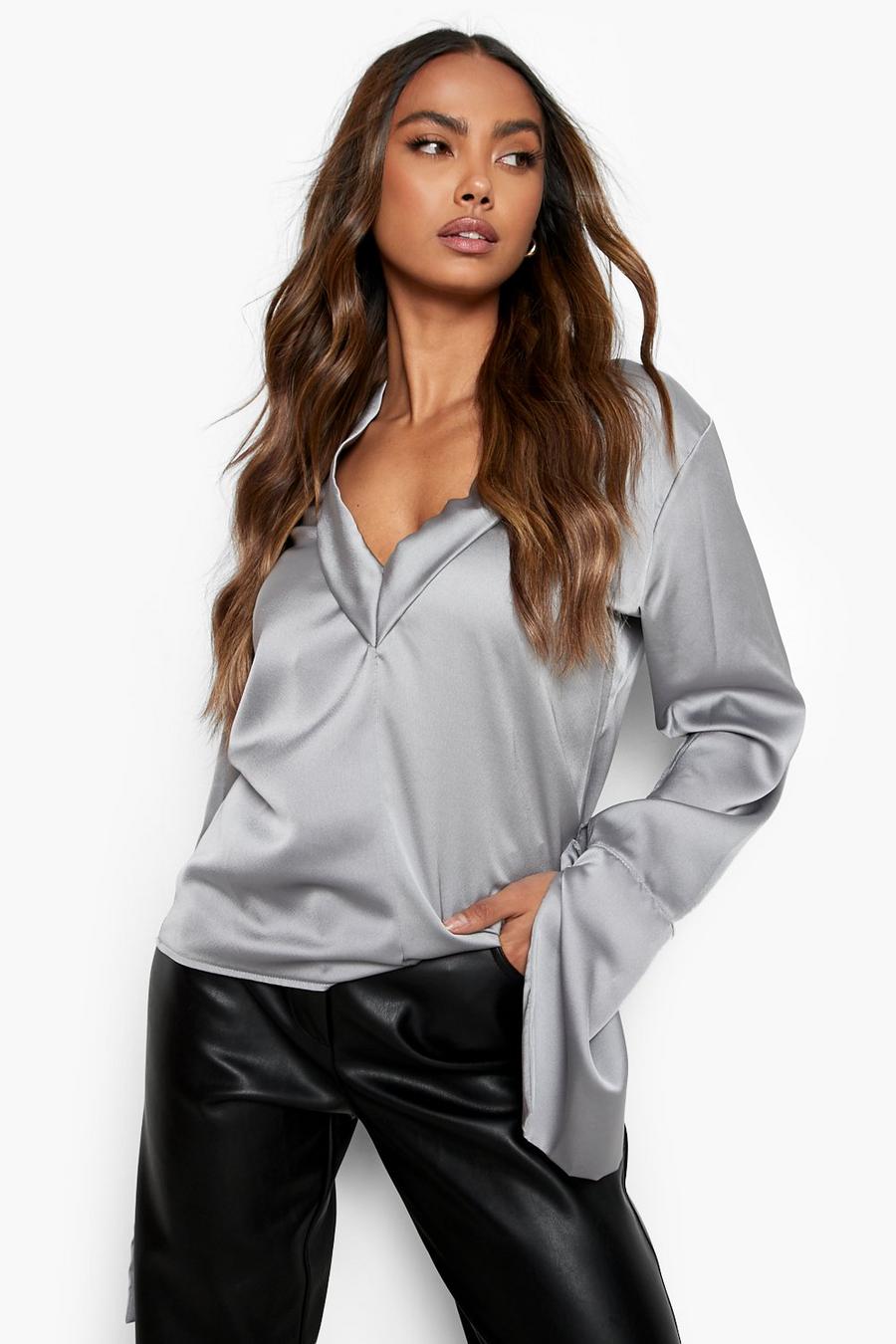 Silver grey Satin Deep Cuff Wrap Front Blouse image number 1