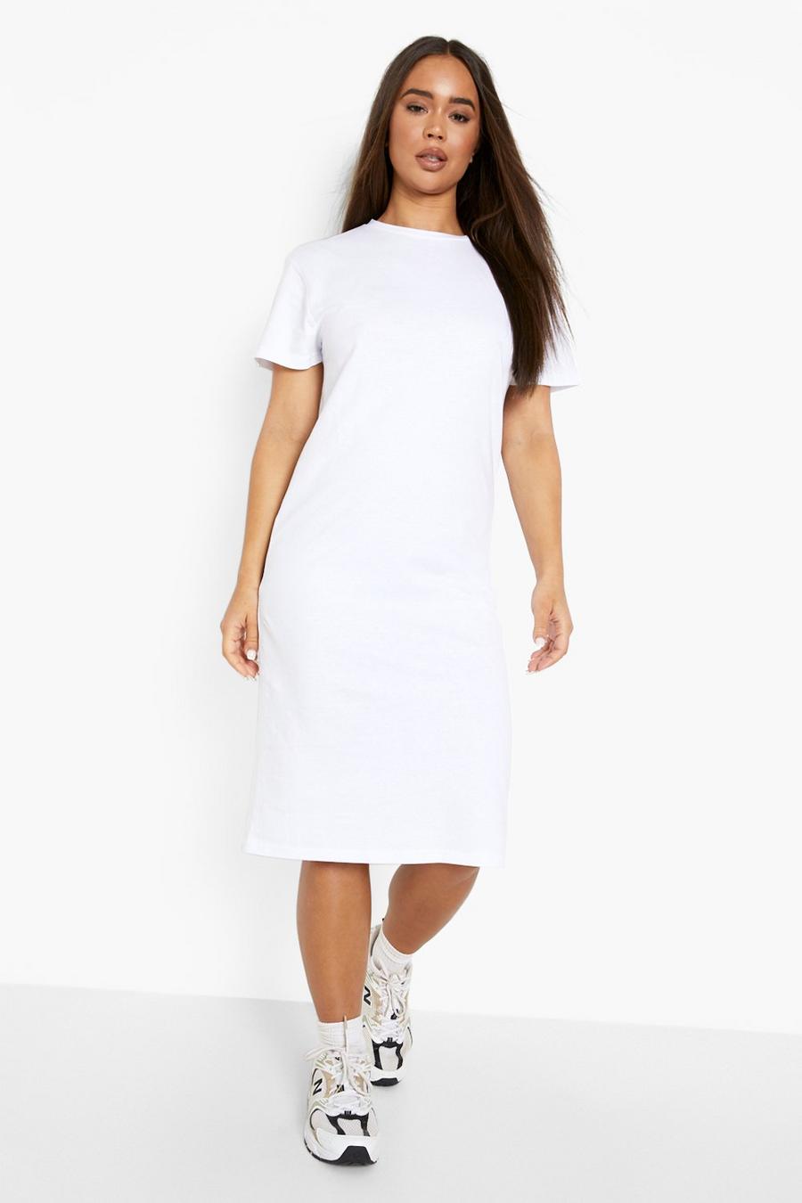 White Basic Short Sleeve Midi T Shirt Dress image number 1