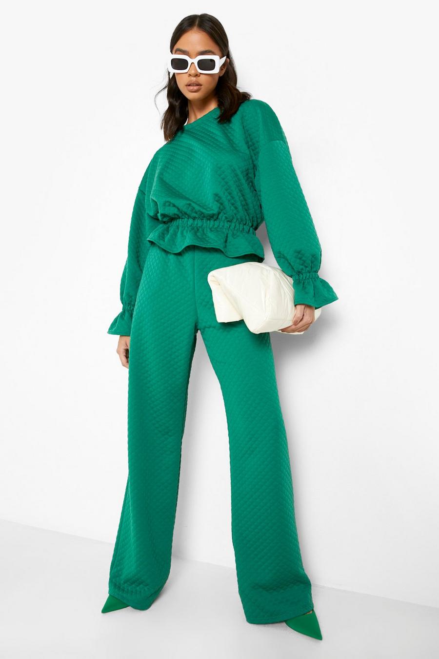 Bright green Quilted Relaxed Fit Wide Leg Pants image number 1