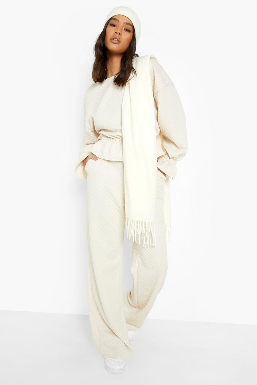 Ecru white Quilted Relaxed Fit Wide Leg Pants image number 1