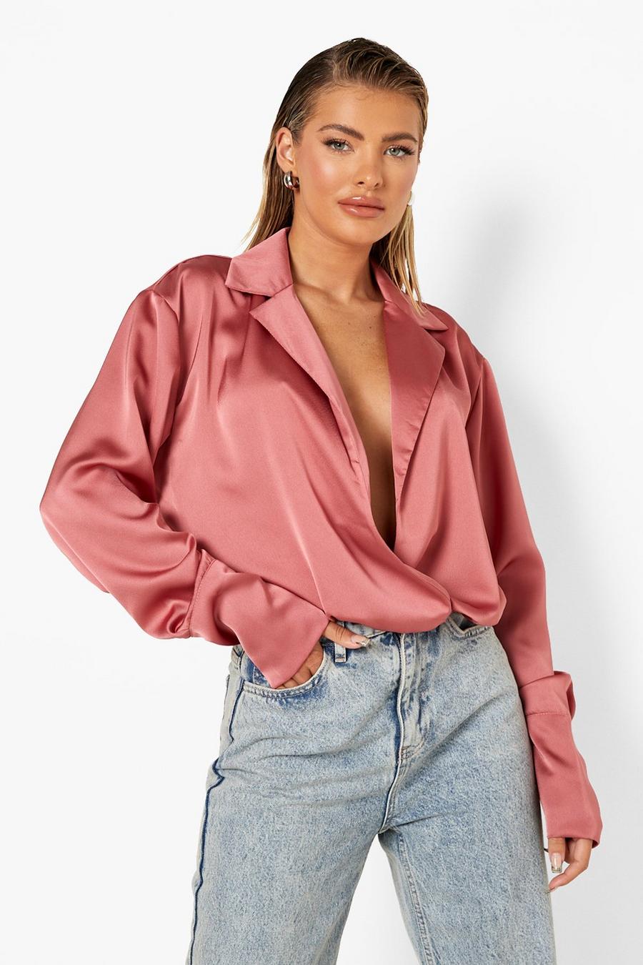 Spice Satin Deep Cuff Wrap Front Shirt image number 1