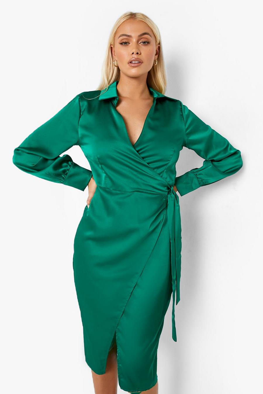 Emerald Satin Wrap Front Midi Shirt Dress image number 1